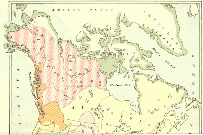 Map Showing Former Location of Important Indian Groups of North America, North of Mexico: North. Illustration.