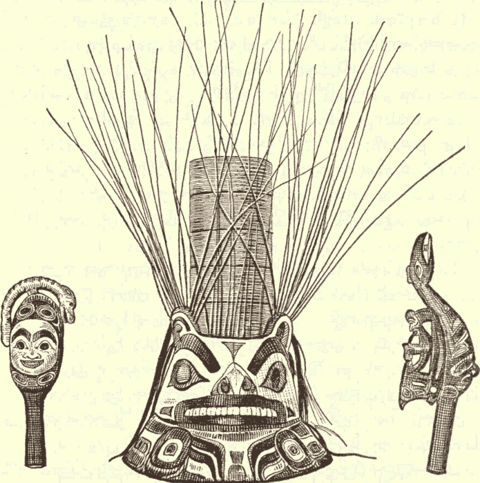 Rattles and Masks: Alaska. (From Originals in Peabody Museum.) Illustration.