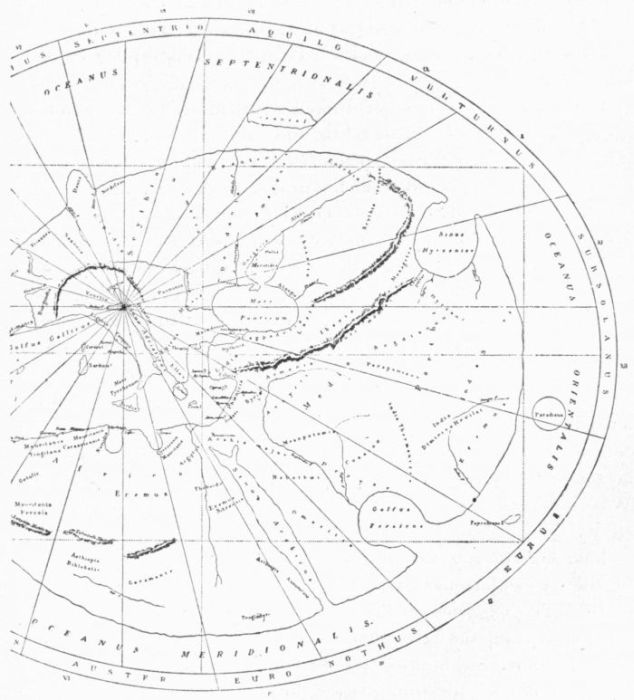 PRE-COLUMBIAN MAPPEMONDE, PRESERVED AT RAVENNA, RESTORED BY GRAVIER
    AFTER D'AVEZAC IN BULLETIN DE LA SOCIT NORMANDE, 1888.